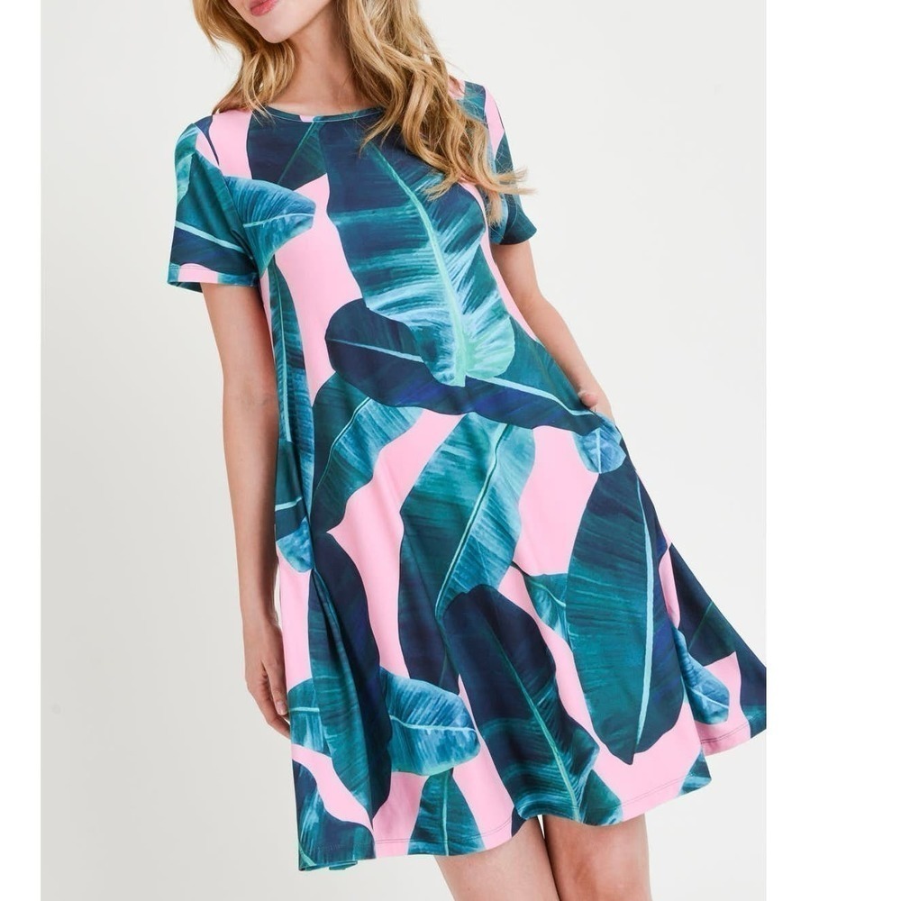 YELETE Tropical Resort Palm Leaf Print Short Sleeve Swing Dress - Large